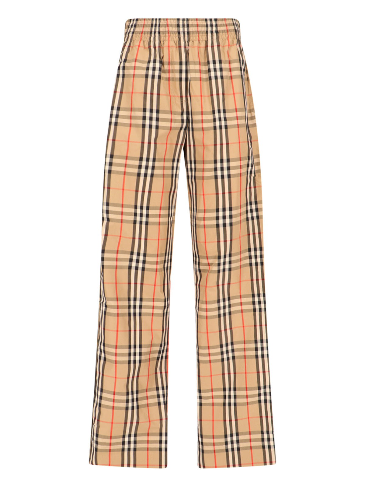 Beige Cotton Sport Pants With Multicolor Check Pattern And Contrast Stripes