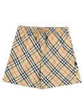 Beige Check Pattern Drawstring Swim Shorts