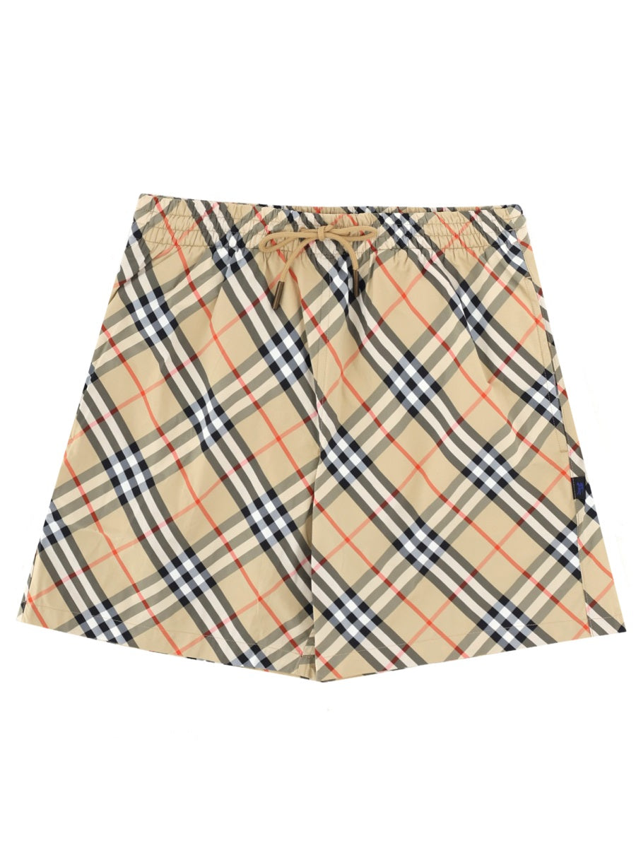 Beige Check Pattern Drawstring Swim Shorts