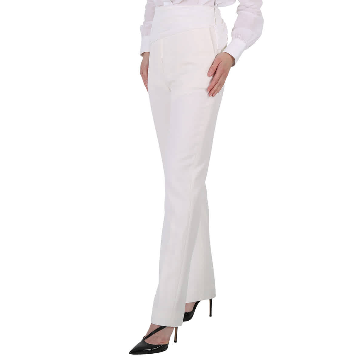 Burberry Ladies Optic White Sash Detail Technical Wool Tailored Trousers